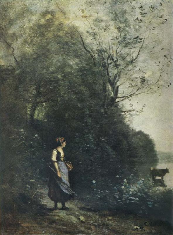 Jean Baptiste Camille  Corot Landscape with a peasant Girl grazing a Cow at the Edge of a Forest Norge oil painting art